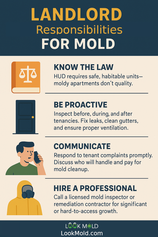 Infographic for landlords outlining key responsibilities for mold in rental properties, including moisture control, tenant communication, legal liability, and EPA/HUD guidelines.