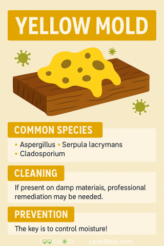 Infographic explaining yellow mold in homes, including common species like Aspergillus and Serpula lacrymans, areas where it grows, potential health risks, and prevention tips.